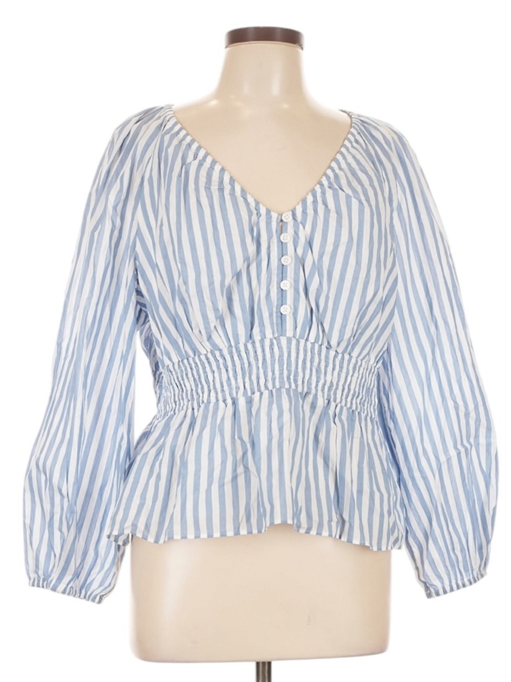 J. Crew V-Neck Smocked Waist Top in Stripe Cotton Lawn Size L Blue White NWT - Picture 2 of 10